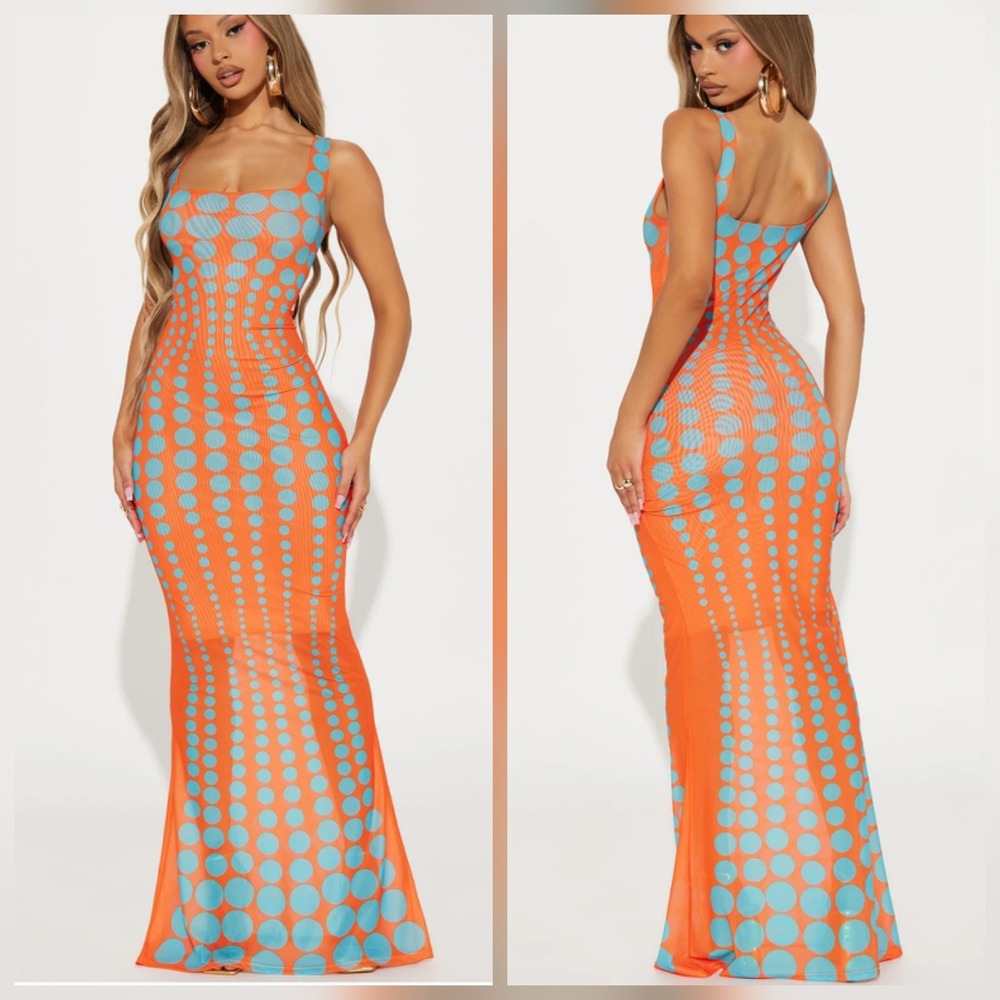 NWT Fashion Nova A Sight Mesh Maxi Dress Orange Blue Polka Dot Bodycon Medium